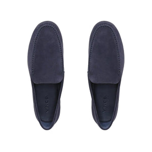 The vince Sonoma Woven Suede Loafer is displayed from above in navy blue suede on a white background, highlighting timeless men's footwear ideal for any casual ensemble.