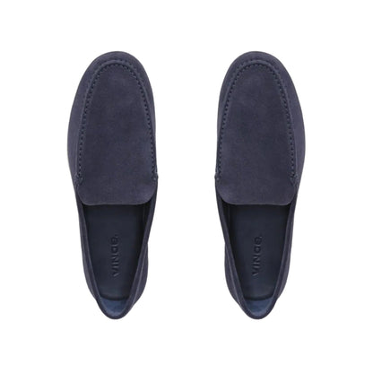 The vince Sonoma Woven Suede Loafer is displayed from above in navy blue suede on a white background, highlighting timeless men's footwear ideal for any casual ensemble.
