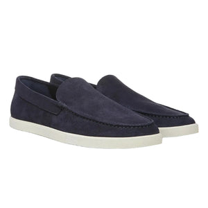 A pair of vince Sonoma Woven Suede Loafers in navy blue, featuring white rubber soles, are positioned side by side on a plain white background. These casual loafers offer a stylish addition to any men’s footwear collection.