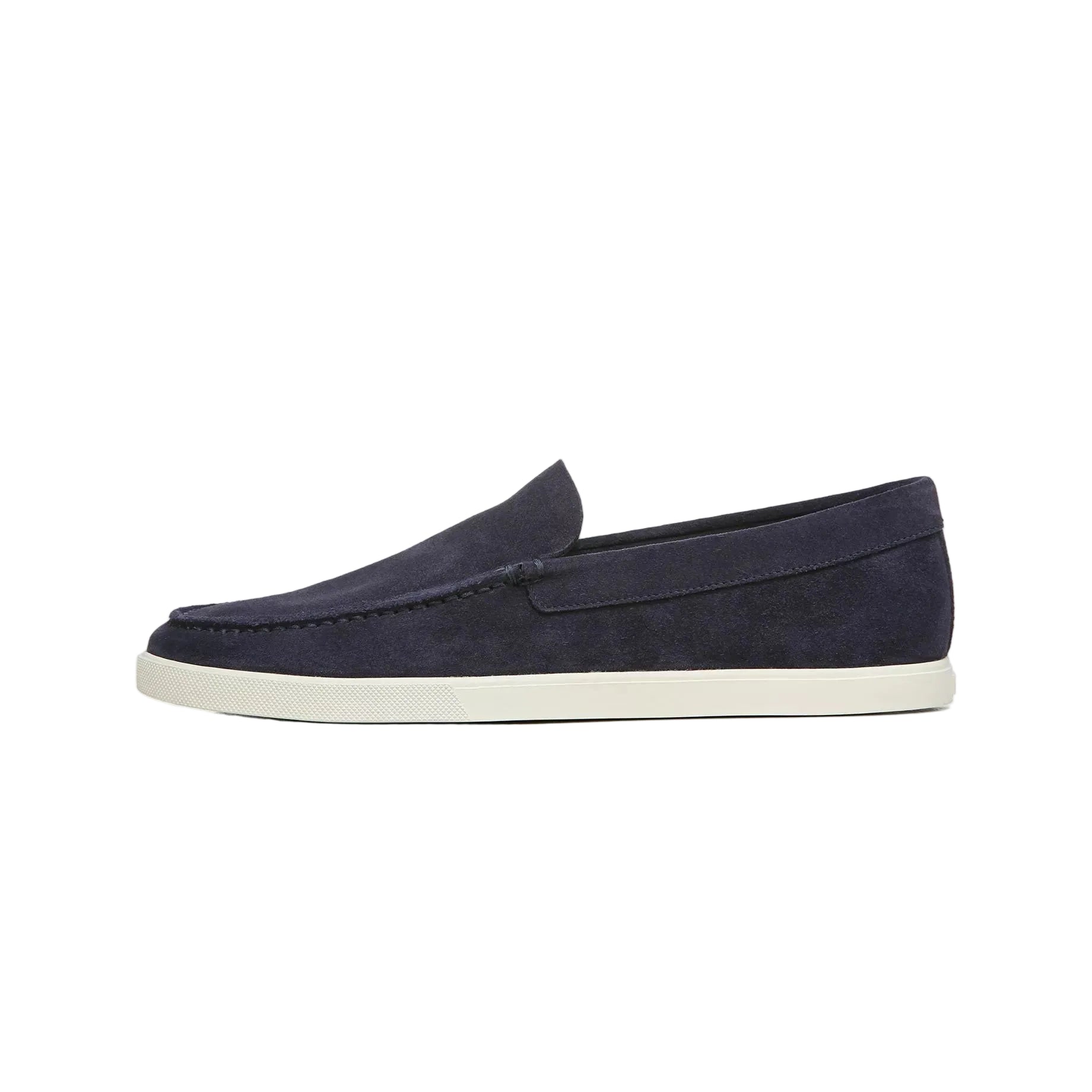 The Sonoma Woven Suede Loafer by vince is a classic men’s footwear option in navy blue suede, featuring a white rubber sole and displayed in profile against a plain white background.