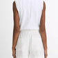 A person is shown from the back against a plain background, wearing a white sleeveless top and vince Mid Rise Hemp Shorts with a relaxed silhouette.