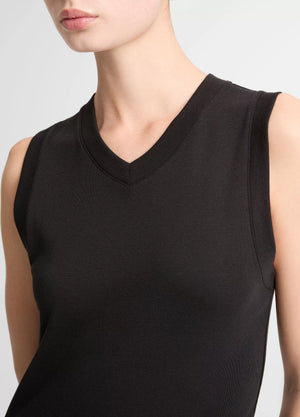 A model showcases the vince High V-Neck Shell Tank, a sleeveless black top crafted from soft Pima cotton, photographed from shoulders to mid-torso against a plain background.