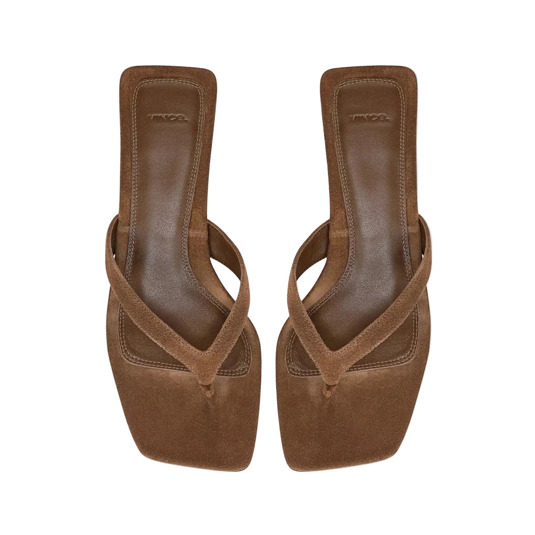 The Vince San Juan Suede Heeled Thong Sandal features a brown suede upper, square toe, and low kitten heel, shown from above against a plain white background.