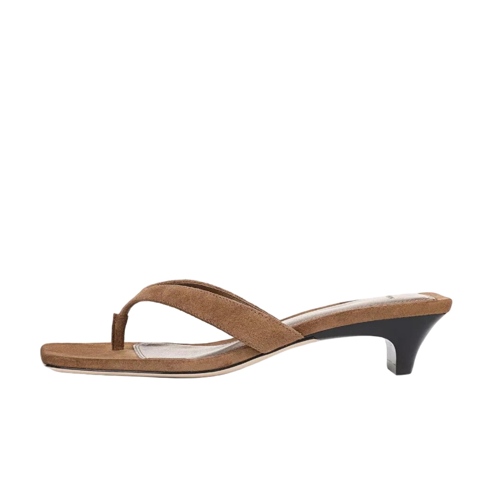 The Vince San Juan Suede Heeled Thong Sandal is crafted from brown suede and features a classic thong silhouette, a low black kitten heel, and a square toe, displayed in profile against a white background.