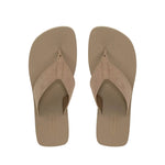 The Fiji Suede Thong Sandal by vince, shown from above on a plain white background, features a minimalist beige design with wide suede straps.