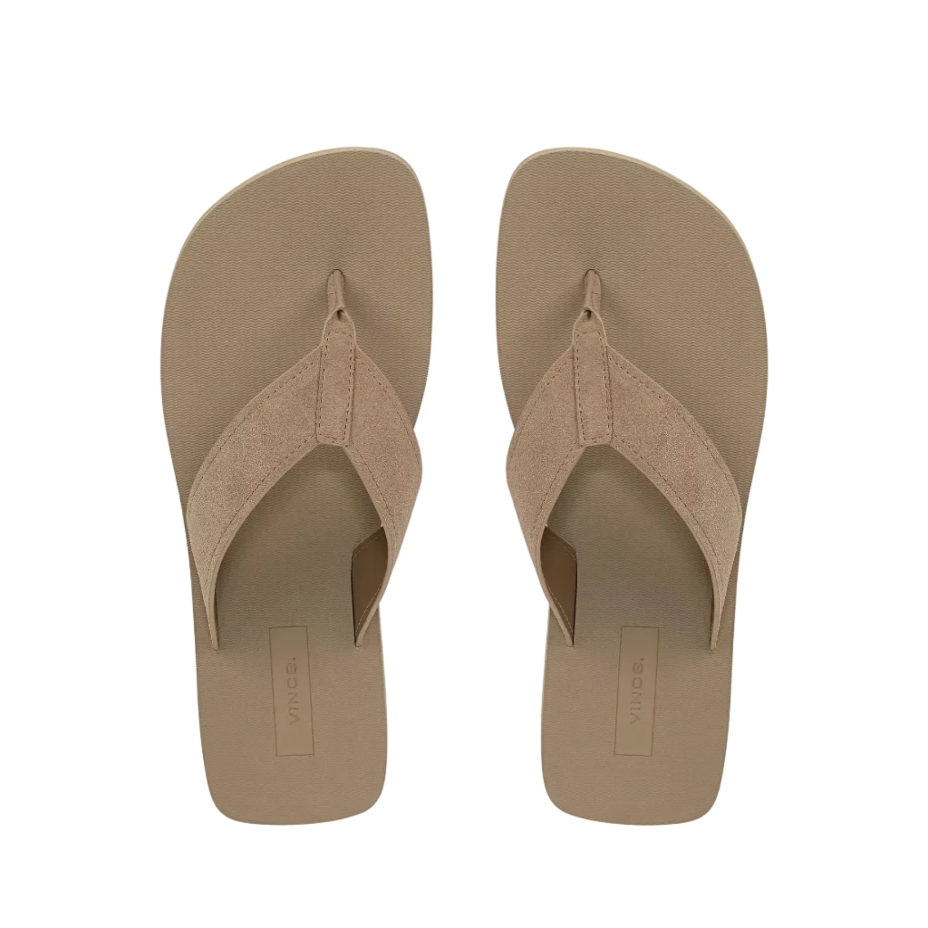 The Fiji Suede Thong Sandal by vince, shown from above on a plain white background, features a minimalist beige design with wide suede straps.
