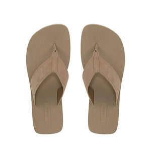 The Fiji Suede Thong Sandal by vince, shown from above on a plain white background, features a minimalist beige design with wide suede straps.