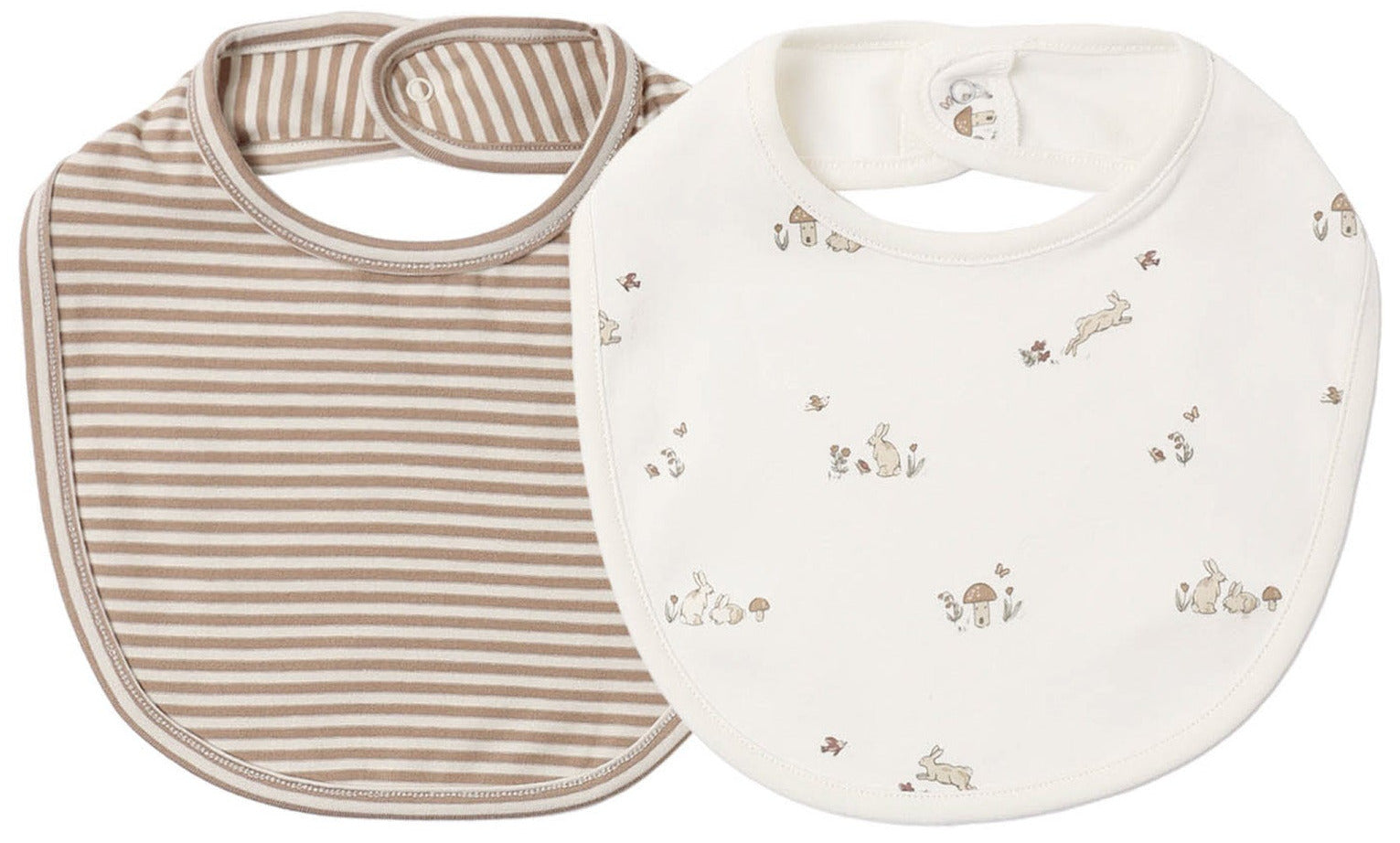 Introducing the Quincy Mae Jersey Snap Bib, 2-Pack—crafted from soft brushed jersey fabric. This set includes one bib in brown and white stripes, and another in white adorned with charming prints of rabbits, mushrooms, and flowers. Both feature a convenient back neck snap closure for easy changing.