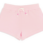 Feather 4 Arrow Baby Girls’ and Girls’ Weekend Short in light pink French terry, featuring an elastic waistband and white drawcord, displayed on a white background.