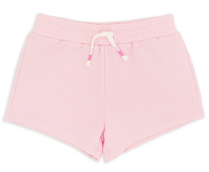 Feather 4 Arrow Baby Girls’ and Girls’ Weekend Short in light pink French terry, featuring an elastic waistband and white drawcord, displayed on a white background.