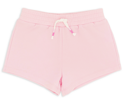 Feather 4 Arrow Baby Girls’ and Girls’ Weekend Short in light pink French terry, featuring an elastic waistband and white drawcord, displayed on a white background.