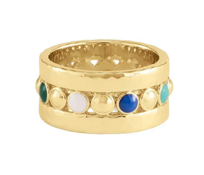 Milos Multicolor Ring featuring an 18K gold-plated band with a row of alternating plain gold spheres and colorful enamel cabochons.