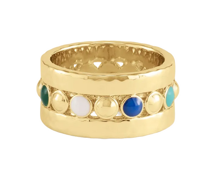 Milos Multicolor Ring featuring an 18K gold-plated band with a row of alternating plain gold spheres and colorful enamel cabochons.