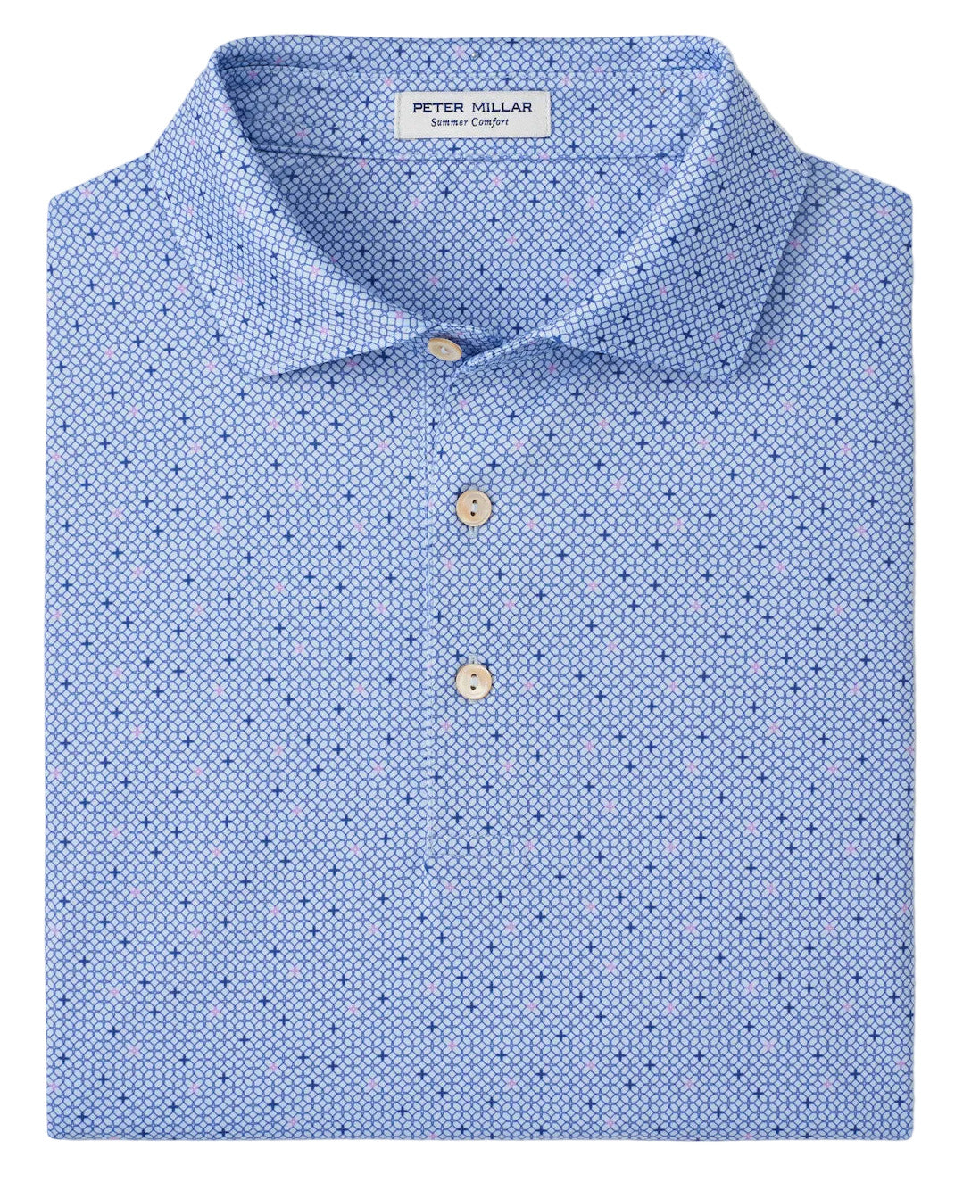 A folded light blue Peter Millar Barrier Performance Jersey Polo features a small geometric pattern, three beige buttons, and four-way stretch for unmatched comfort.