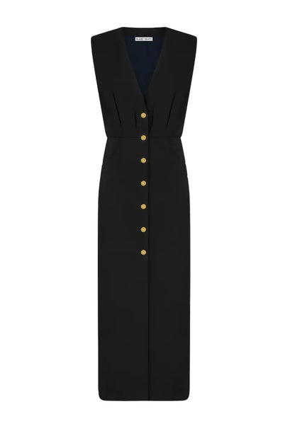 The Luna Friesian Long Dress by Blaze Milano is a sleeveless black gown with a deep V-neck and gold-tone buttons, ideal for evening wear, shown on a white background.