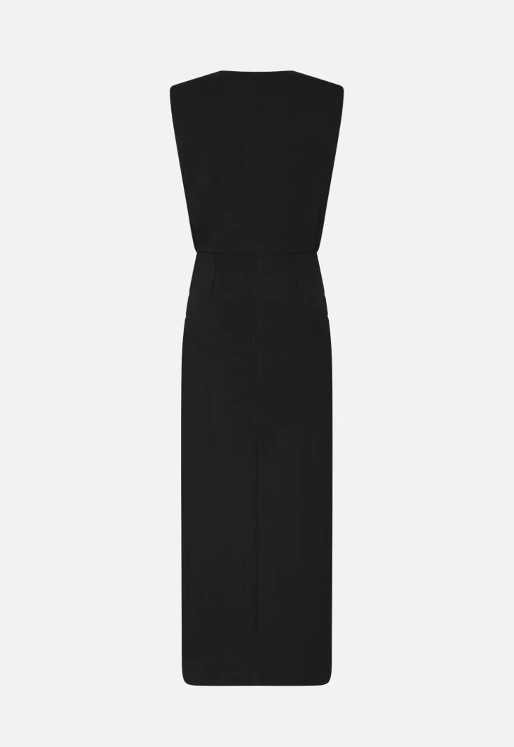 Luna Friesian Long Dress by Blaze Milano: sleeveless black, floor-length with a straight silhouette and gold-tone buttons, shown flat on white background.