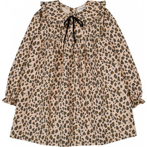 The Girls' Benjamine Corduroy Leopary Dress by Louis Louise features a beige background with brown and black leopard print, long sleeves, Peter Pan collar with ruffle details, and a black ribbon tie at the neckline.