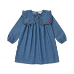 The Girls’ Celicia Dress by Louis Louise is a long-sleeve blue denim dress with a ruffled yoke and square bib collar, featuring a front tie and pink heart embroidery on the chest in a charming flared fit, displayed on a white background.