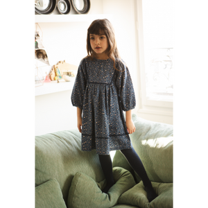 A young girl with long brown hair stands on a green couch, wearing the Louis Louise Girls’ Mahana Dress—a dark blue style with scalloped trim and long sleeves—paired with black tights. Shelves and a window appear in the background.
