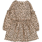 The Girls' Umyma Corduroy Leopard Dress by Louis Louise features long sleeves, a knee-length cut, gathered waist, button placket, and a beige, brown, and black all-over leopard print.