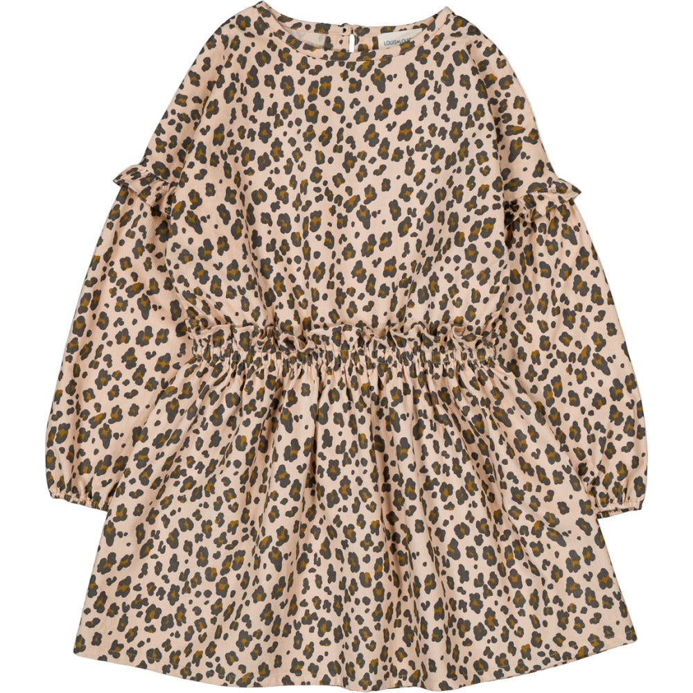 The Girls' Umyma Corduroy Leopard Dress by Louis Louise features long sleeves, a knee-length cut, gathered waist, button placket, and a beige, brown, and black all-over leopard print.