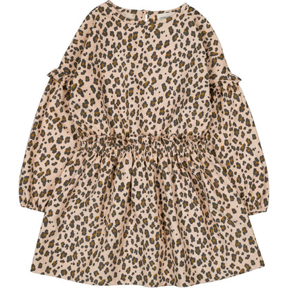 The Girls' Umyma Corduroy Leopard Dress by Louis Louise features long sleeves, a knee-length cut, gathered waist, button placket, and a beige, brown, and black all-over leopard print.