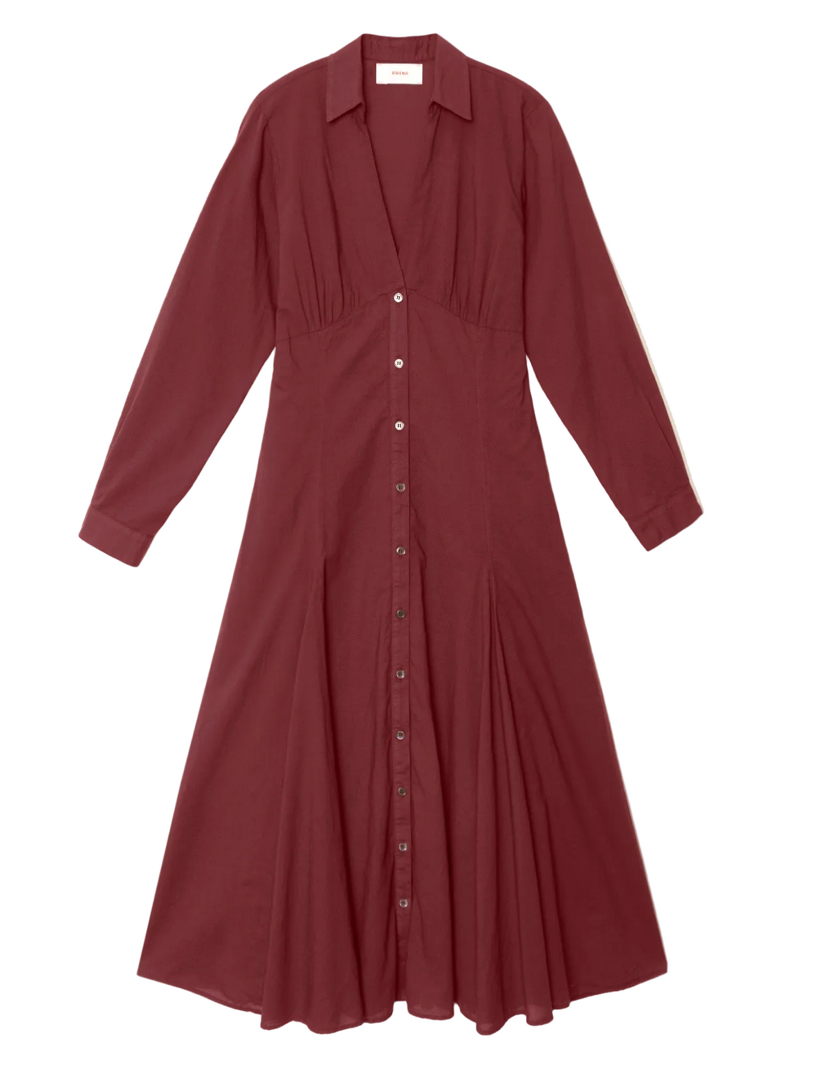 Louisa Dress by Xirena in burgundy, featuring long sleeves, a button-front closure, collared neckline, empire waist, and flared midi skirt, laid flat on a white background.
