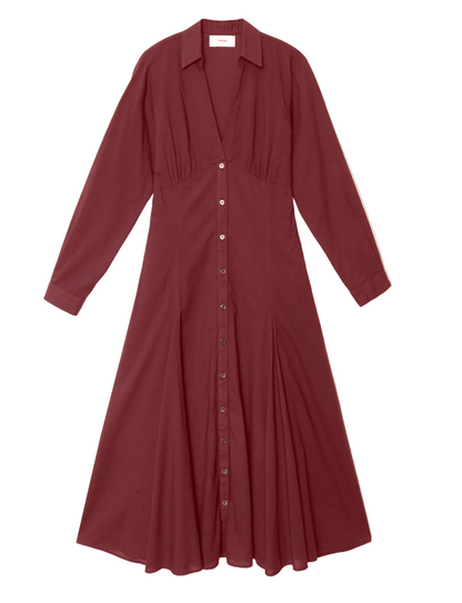 Louisa Dress by Xirena in burgundy, featuring long sleeves, a button-front closure, collared neckline, empire waist, and flared midi skirt, laid flat on a white background.
