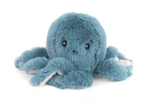 The Mon Ami Small Octopus - Blue is a calming stuffed animal featuring a round body, adorable black eyes, and soft, fluffy tentacles, making it a delightfully snuggly toy against a white background.
