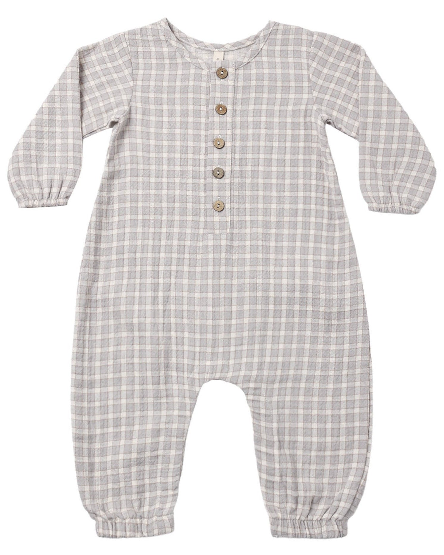 The Quincy Mae Baby Boys’ Woven Jumpsuit is a gray and white plaid long sleeve one-piece for babies, made from soft organic cotton gauze. Featuring four front buttons and elastic cuffs at the wrists and ankles, this jumpsuit is displayed laid flat on a white background.