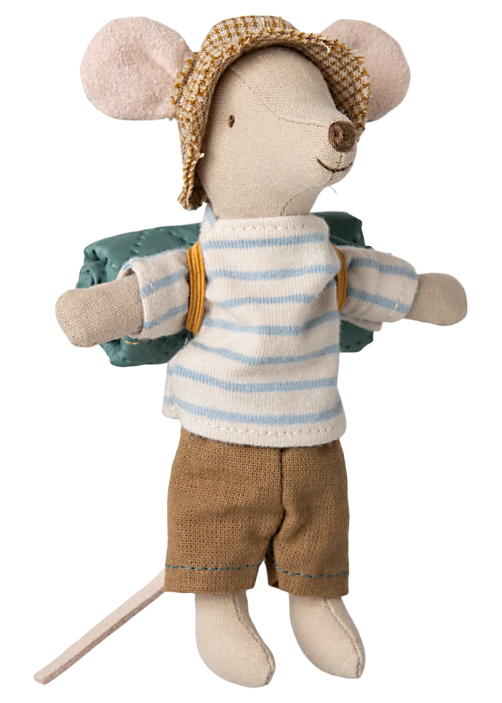 Maileg’s Hiker Mouse, Big Brother - Stripes features an adorable mouse dressed in a striped shirt, brown shorts, a hat, and a green backpack with arms outstretched—a charming addition to any hiker collection.