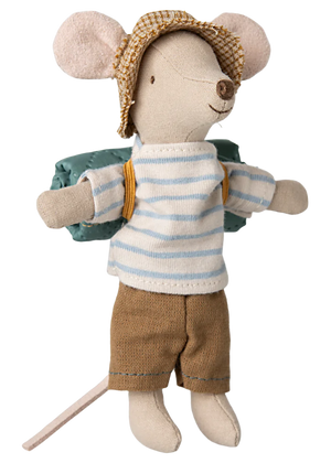 Maileg’s Hiker Mouse, Big Brother - Stripes features an adorable mouse dressed in a striped shirt, brown shorts, a hat, and a green backpack with arms outstretched—a charming addition to any hiker collection.
