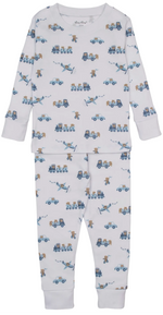 The Kissy Kissy Baby Bears on the Go Pajama Set is a long-sleeve children’s pajama set crafted from soft Pima cotton, showcasing a blue and brown vehicle and animal print—including playful bears—on a white background, displayed flat.