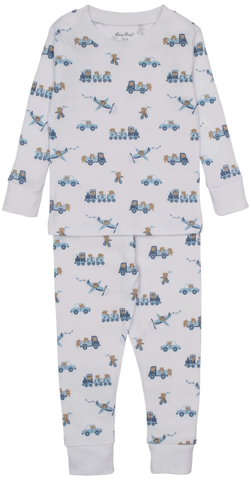 The Kissy Kissy Baby Bears on the Go Pajama Set is a long-sleeve children’s pajama set crafted from soft Pima cotton, showcasing a blue and brown vehicle and animal print—including playful bears—on a white background, displayed flat.