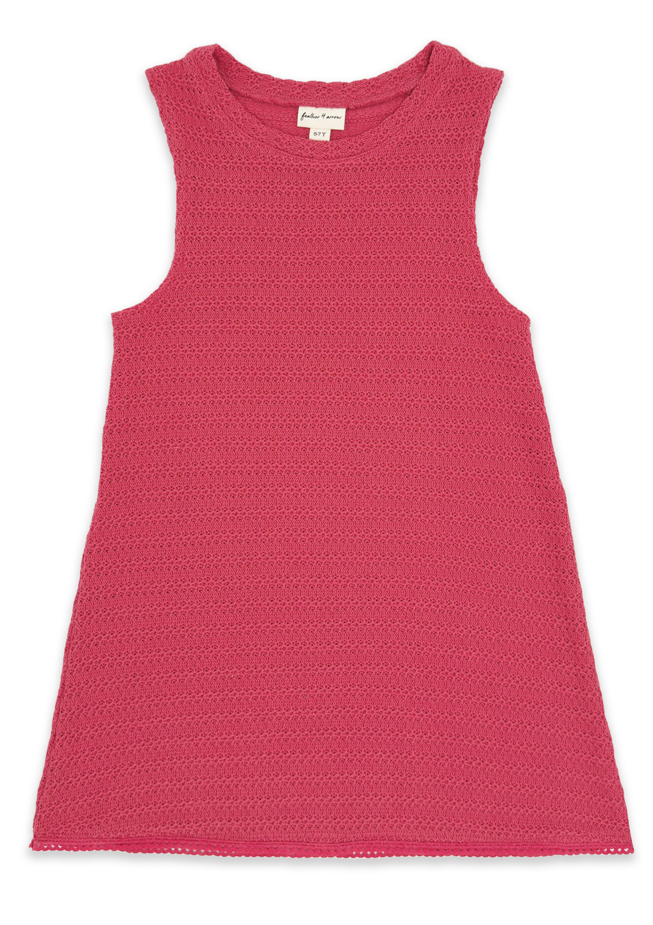 Feather 4 Arrow’s Girls’ Island Escape Dress, a sleeveless pink textured cotton dress with a round neckline, is laid flat on a white background. The visible label inside the collar highlights its authenticity, making it perfect as a stylish beach dress for sunny days.