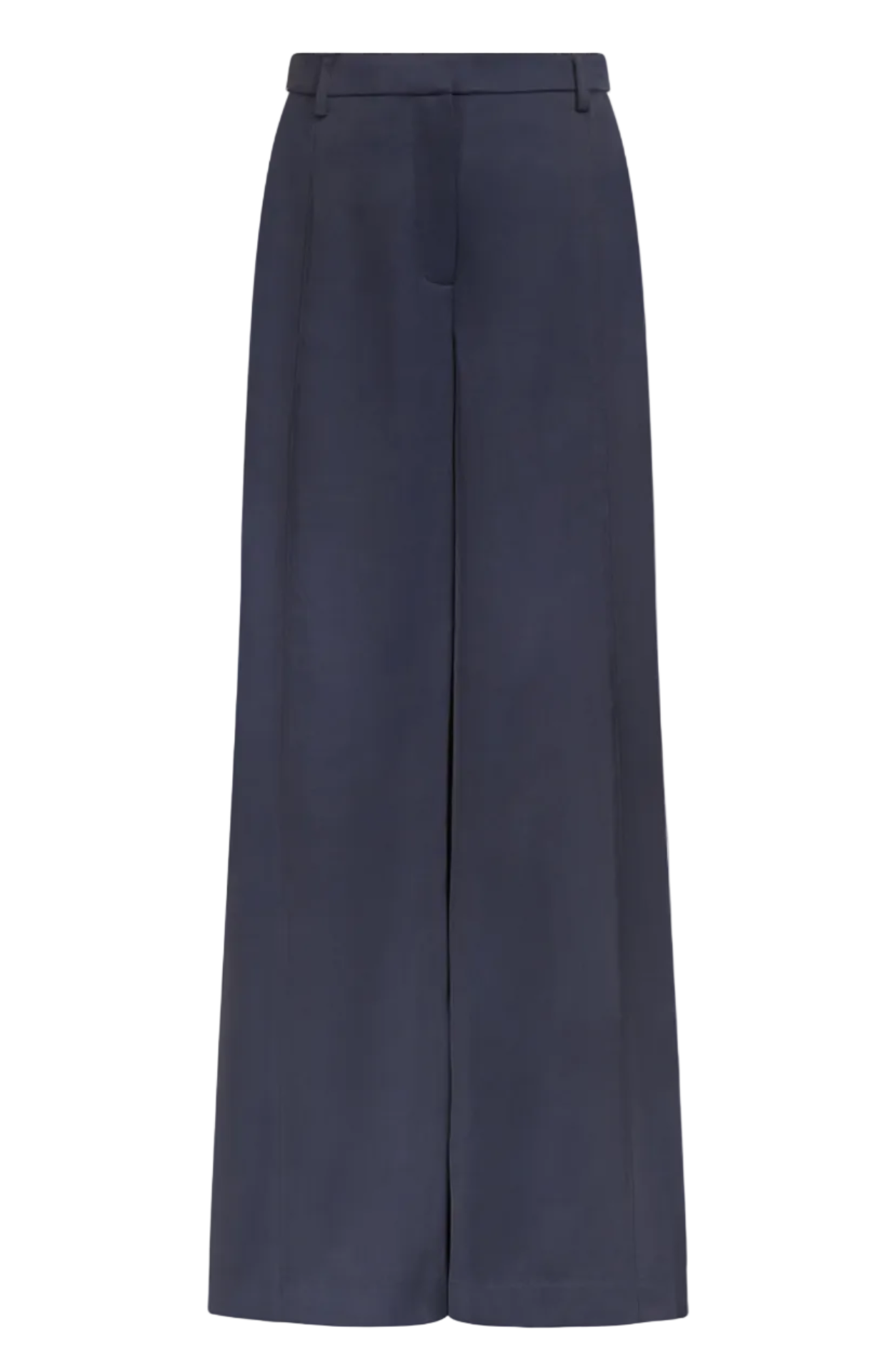 The Taite Pant by TWP features wide-leg navy blue 100% linen, a high waist, belt loops, and a concealed front closure, displayed against a plain white background.