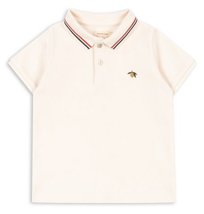 The Konges Slojd Baby Boys’ and Boys’ Florian Polo Shirt features short sleeves, a regular collar with striped detailing, a button placket, and a small bee embroidery on the left chest.