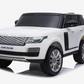 The Freddo Range Rover HSE Ride-On, featuring detailed accents, a black roof, large wheels, and a Land Rover logo on the front plate, is shown against a white background.