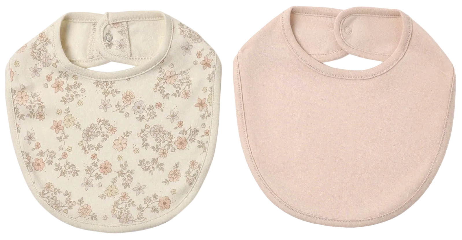 Here’s a rewritten version using the provided product data: The Quincy Mae Jersey Snap Bib, 2-Pack features two baby bibs side by side: one made from soft brushed jersey with a charming floral print on a cream background, and the other in a solid pale pink. Both bibs are designed with convenient snap closures at the back of the neck for easy dressing.