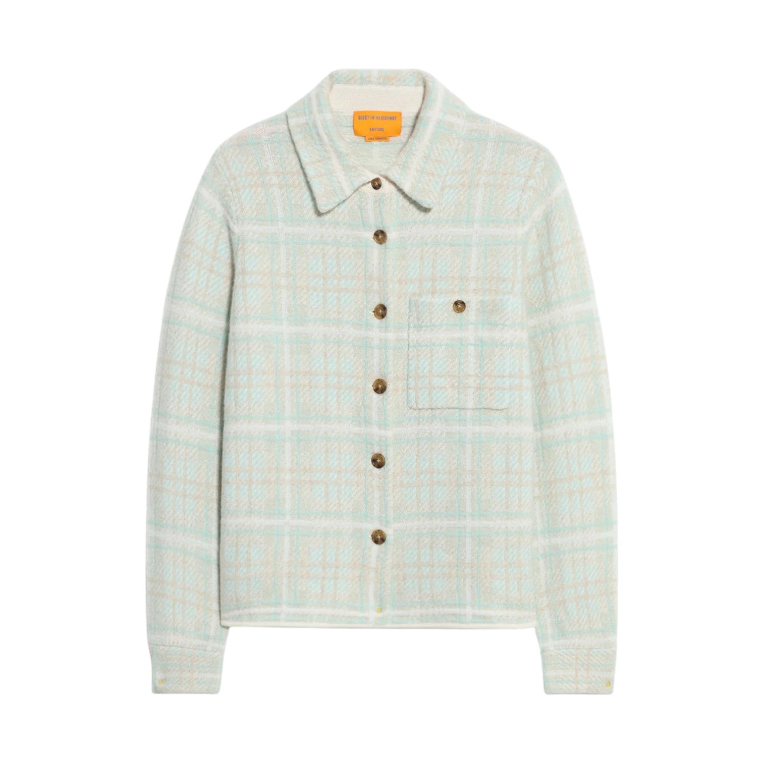 The Dylan Plaid Cashmere Shirt by Guest in Residence features a light plaid design, long sleeves, collared neckline, front buttons, single chest pocket, and a relaxed fit.
