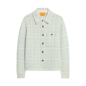 The Dylan Plaid Cashmere Shirt by Guest in Residence features a light plaid design, long sleeves, collared neckline, front buttons, single chest pocket, and a relaxed fit.