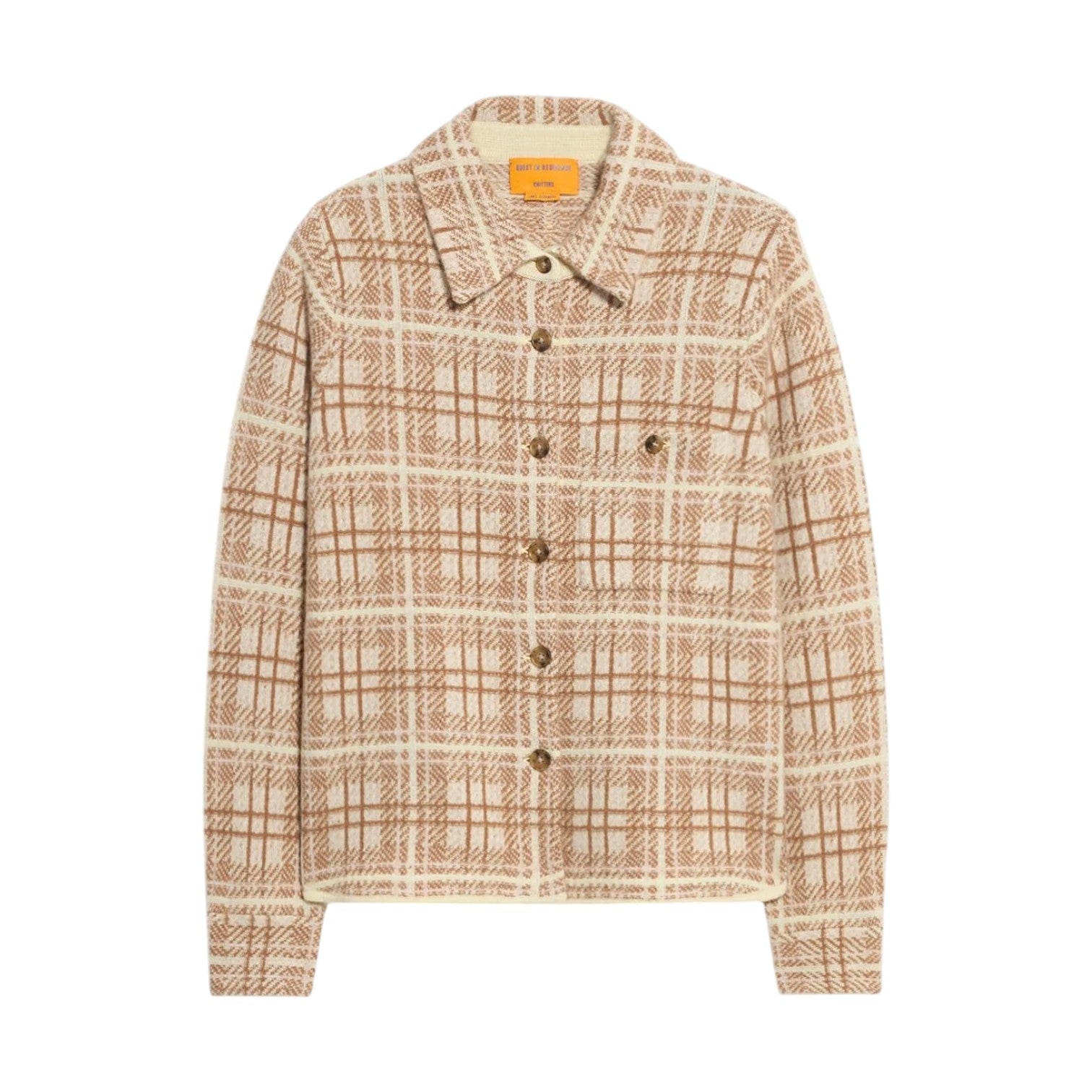 The Dylan Plaid Cashmere Shirt by Guest in Residence features a beige and brown plaid design, collar, long sleeves, and a relaxed fit, shown on a white background.