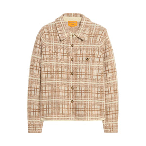 The Dylan Plaid Cashmere Shirt by Guest in Residence features a beige and brown plaid design, collar, long sleeves, and a relaxed fit, shown on a white background.