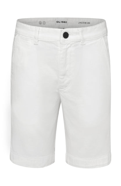 The Boys' Jacob Chino Short by DL1961 is a white, knee-length slim-fit short with front pockets, belt loops, and a black button at the waist, made from breathable fabric for all-day comfort.