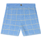 The Plaid Short by Guest in Residence features light blue cashmere-linen fabric with a yellow windowpane plaid, a comfortable waistband, and a single button closure.