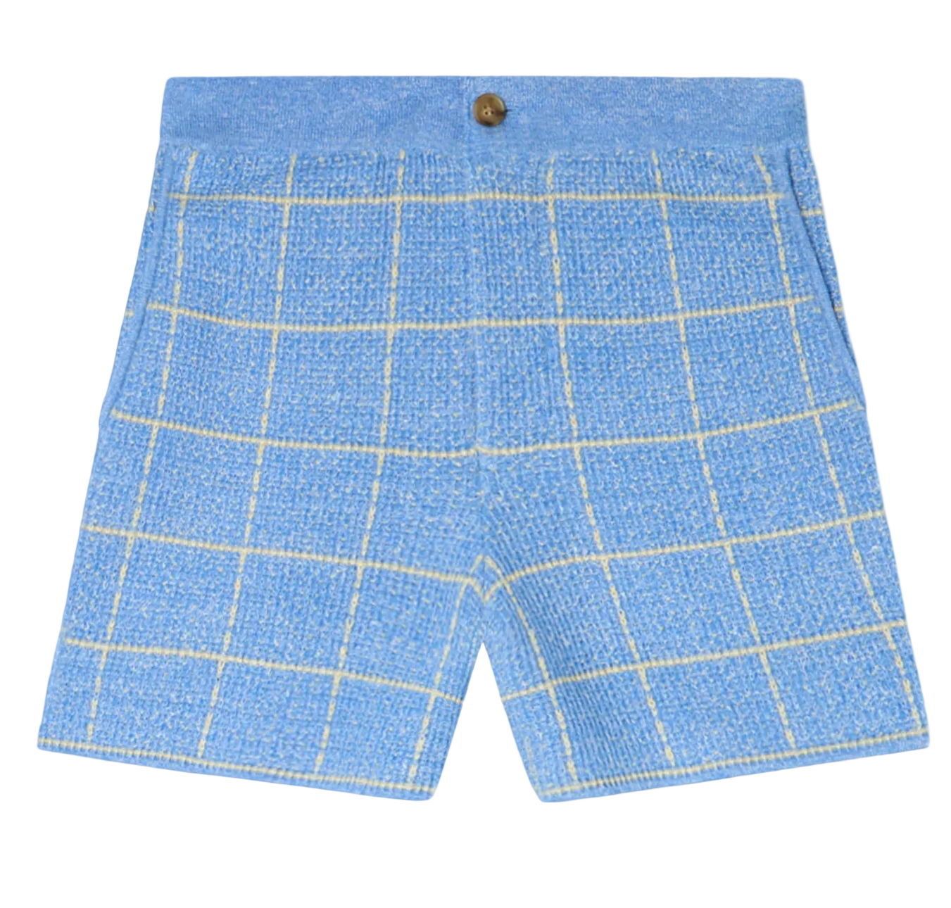 The Plaid Short by Guest in Residence features light blue cashmere-linen fabric with a yellow windowpane plaid, a comfortable waistband, and a single button closure.