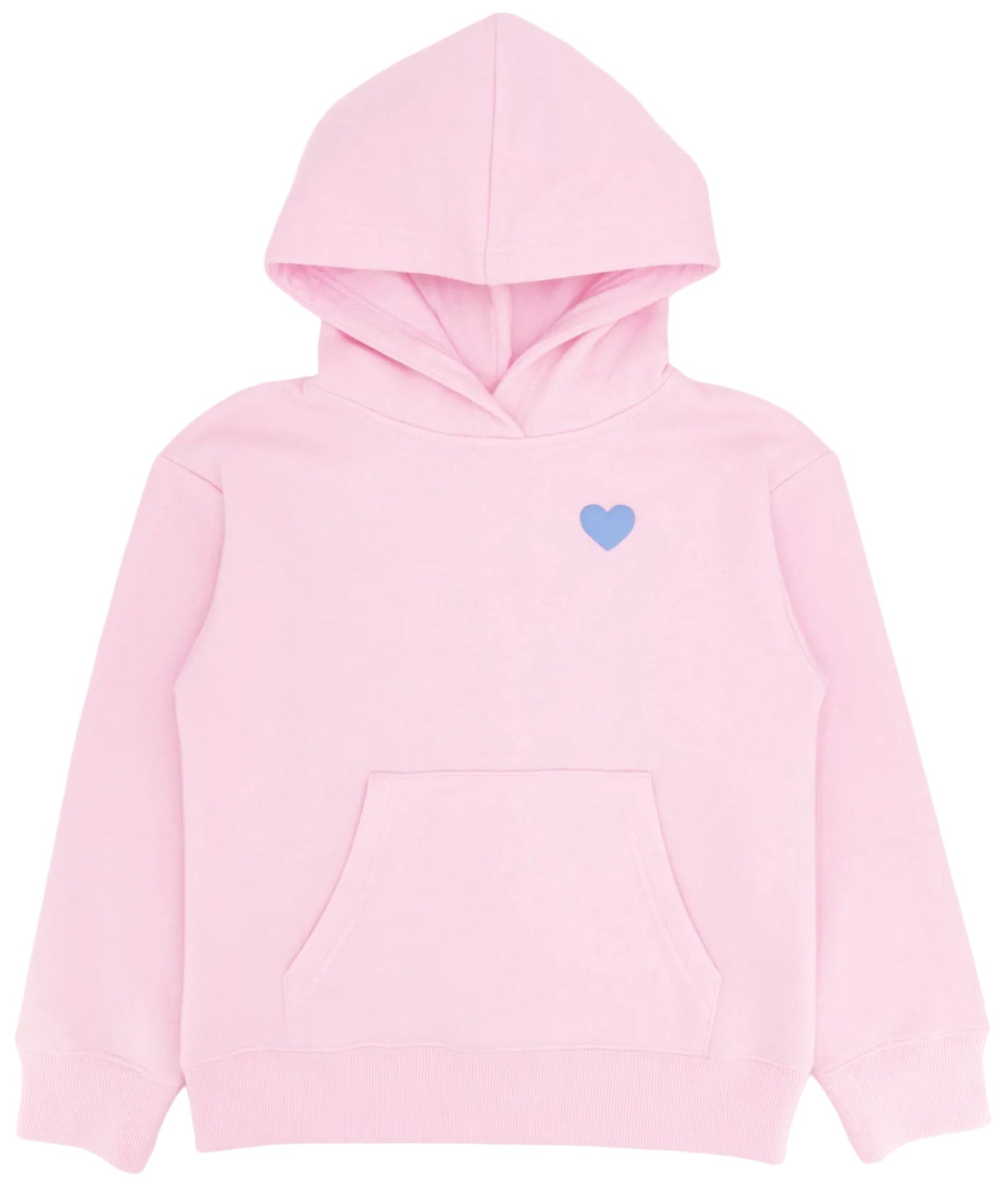 Introducing the Girls’ Hadley Cozy Hoodie by Feather 4 Arrow—a light pink ultra-soft hoodie featuring a front pocket and a small blue heart graphic on the upper left chest, crafted from cozy fabric for all-day comfort.