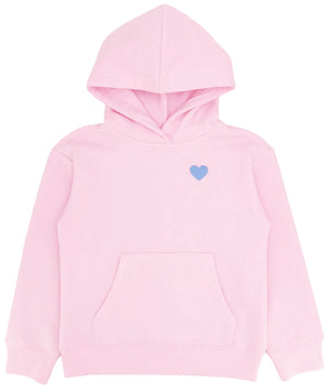 Introducing the Girls’ Hadley Cozy Hoodie by Feather 4 Arrow—a light pink ultra-soft hoodie featuring a front pocket and a small blue heart graphic on the upper left chest, crafted from cozy fabric for all-day comfort.