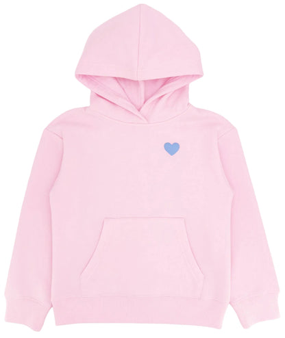 Introducing the Girls’ Hadley Cozy Hoodie by Feather 4 Arrow—a light pink ultra-soft hoodie featuring a front pocket and a small blue heart graphic on the upper left chest, crafted from cozy fabric for all-day comfort.