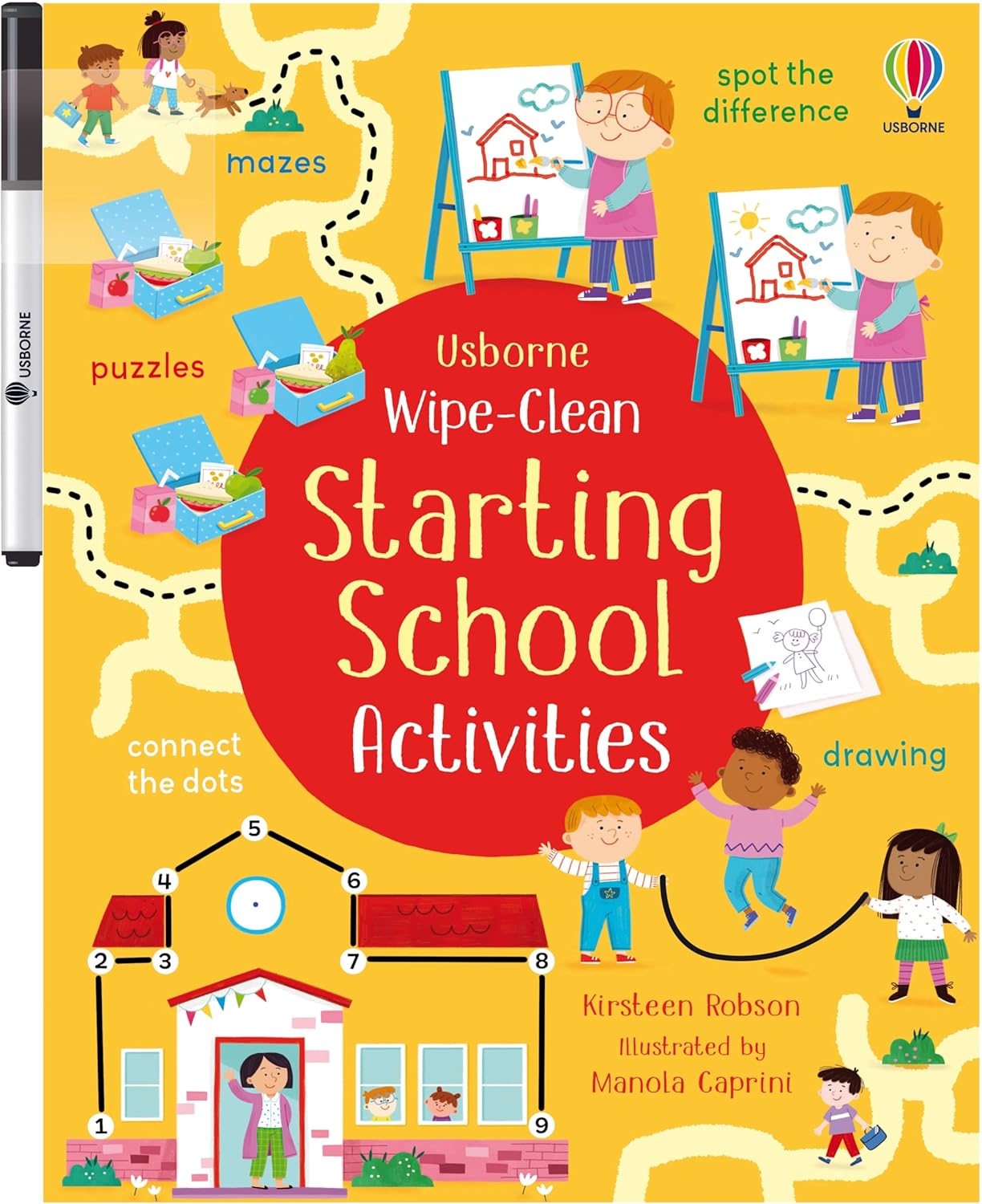 Cover of "Wipe-Clean Starting School Activities" by Harper Collins, a reusable activity book with illustrations of kids doing puzzles, mazes, drawing, and pen control activities; includes an attached marker.